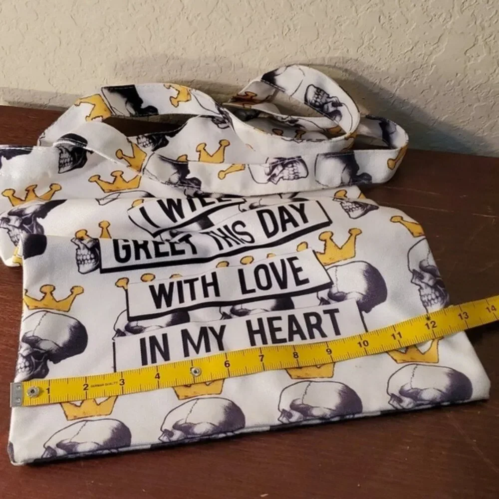 Canvas Tote Bag Skull with Crown Graphic I Will Greet This Day With Love